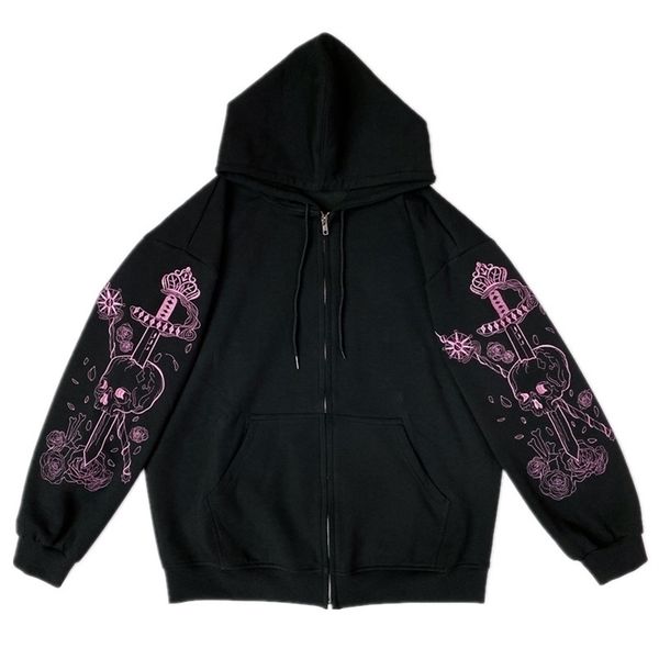 

punk graphic print zipper ribbon hooded hoodie vintage black oversize coat sweatshirt 90s streetwear clothes jacket a220818