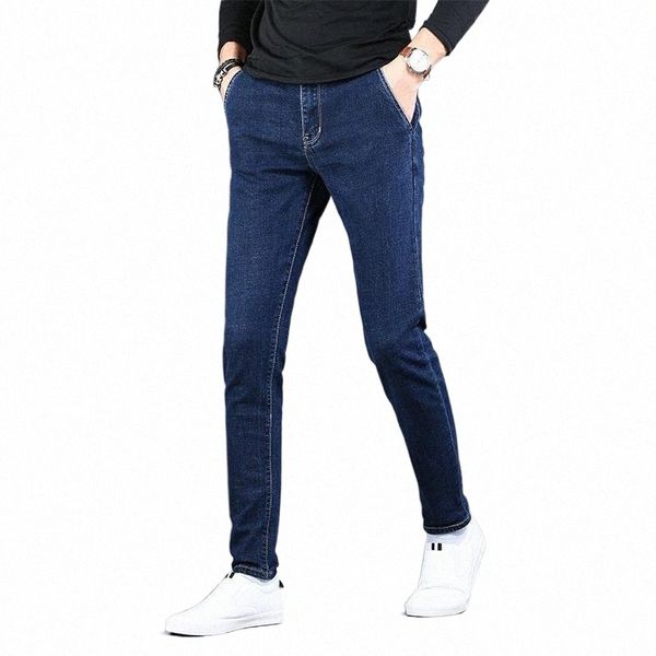 

men's jeans fashion men pure blue korean style slim fit pencil pants p8oc#