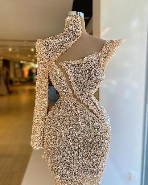 

luxury arabic champagne prom dresses beading sequined one shoulder evening dress custom made high neck mermiad women formal celebrity party, Black;red
