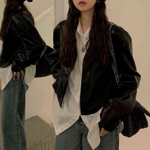 

cropped leather jacket women korean black y2k streetwear leather moto jacket 2021 autumn chic loose casual highstreet short coat t220810