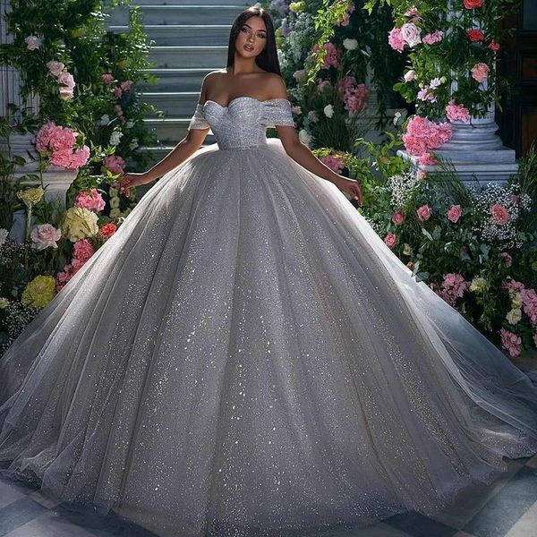 

princess wedding dress ball gowns glitter tulle sweetheart bride dresses robe de mariee off the shoulder vestidos de noiva mariage, White