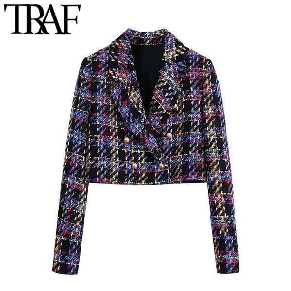 

traf women fashion front metal button tweed cropped blazer coat vintage long sleeve female outerwear chic veste femme 220308, White;black