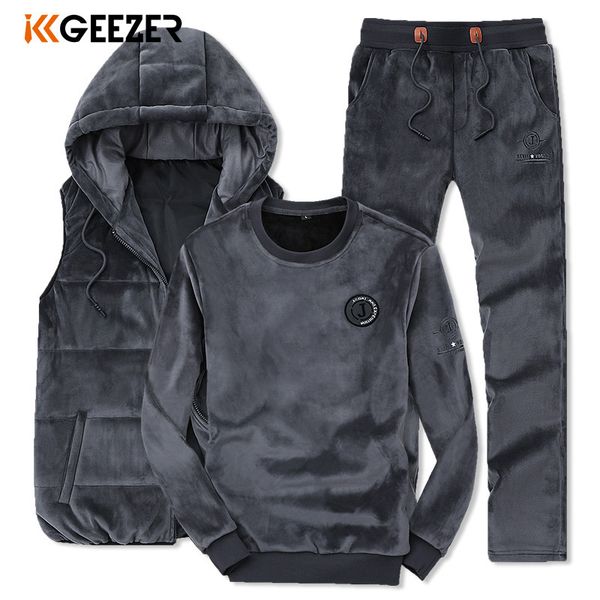 

men sweatshirt suit sweatpants mens winter vests coat thick pleuche fabric fashion sport sweatshirtpantsvest 220819, Gray