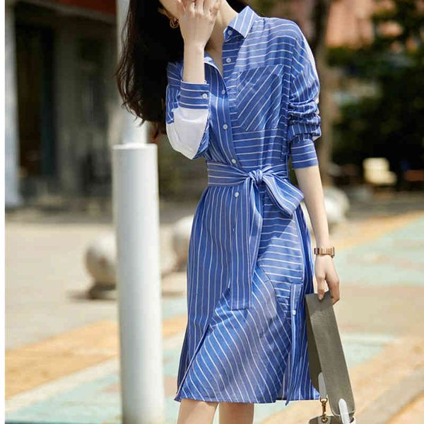 

casual dresses spring gentle wind french blue and white stripe medium length suit collar shirt skirt dress jr6g, Black;gray