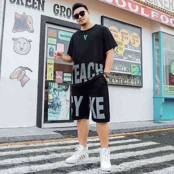 

2021 new large size men's suit summer two piece men's loose short sleeve t-shirt hong kong style casual wear t220819, Gray