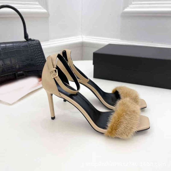 

spring and sandals summer mink wool sandals temperament black thin heel one-sided hairy high-heeled women's shoes i5rb