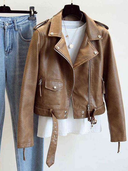 

fmfssom 2022 new pu faux leather jacket women spring snake print coat preppy style zipper white sashes black outwear t220810