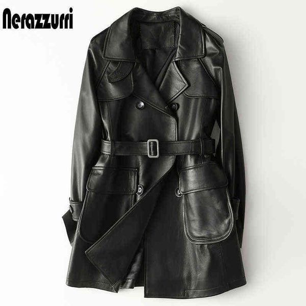 

nerazzurri spring autumn black leather jacket women raglan sleeve belt double breasted faux leather cargo jackets 5xl 6xl 7xl t220810