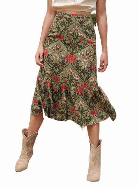 

floral print ruffle hem skirt 226v#, Black