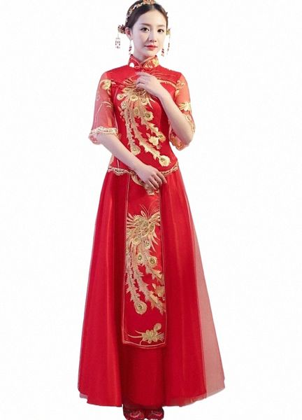 

shanghai story long gold embroidery cheongsam dresses red qipao for women traditional dress chinese wedding dress p27n#