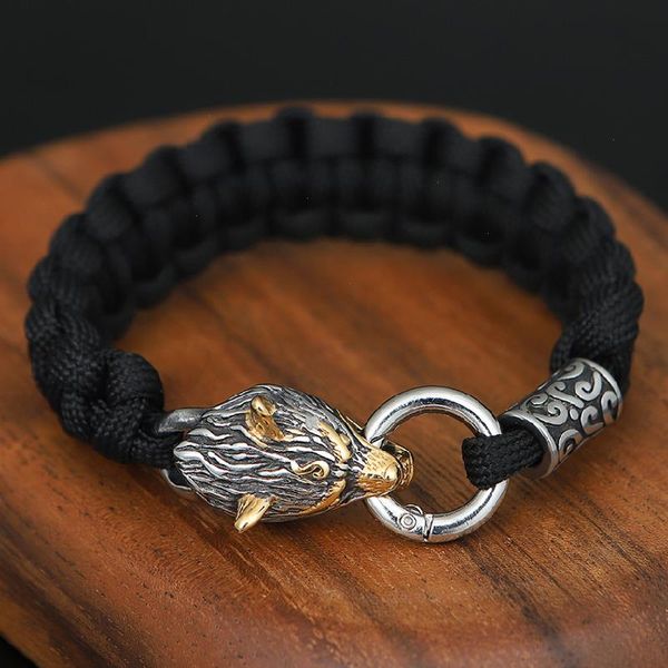 

outdoor never fade strands stainless steel celtic wolf lanyard bracelets men norse vikings survival paracord rope bangles homme jewelry, Black