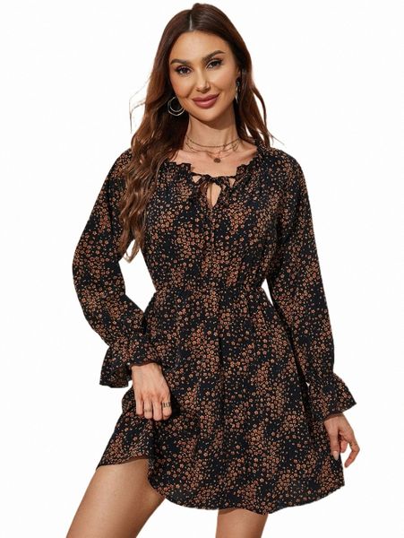 

casual dresses ditsy floral tie neck flounce sleeve dress b0yd#, Black;gray