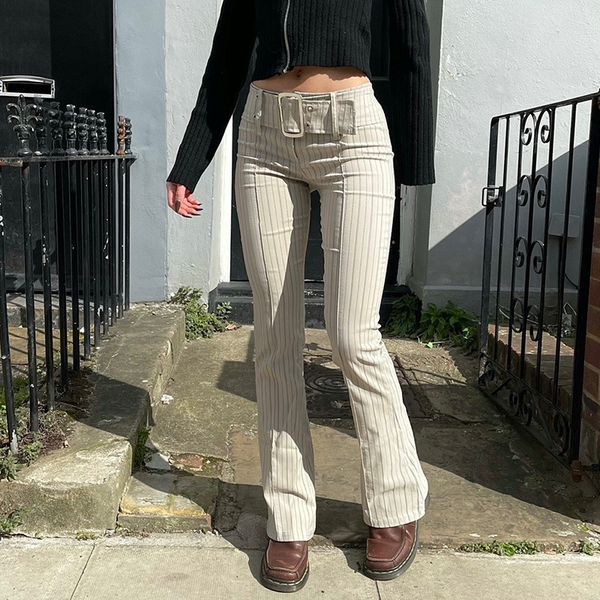 

women's pants & capris european style ins street fashion brand retro striped belt slightly spicy trousers low waisted fairycore straigh, Black;white