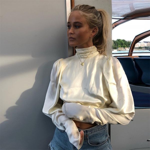 

elegant turleneck satin slik blouse women shirt backless women blouse long sleeve bow tie womens and blouses blusa femininamx190827, White