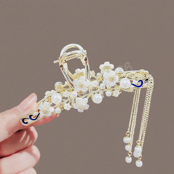

girl elegant flower handmade clamps pearl tassel ponytail clip fashion head hair accessori for woman ornament heawear, Slivery;golden