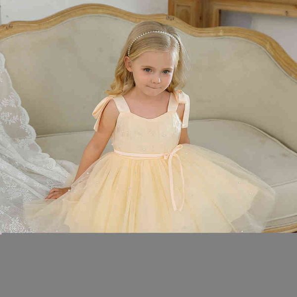 

elegant kids dresses for girl tutu fluffy princess pearls wedding gown children birthday party dress toddler baby girl clothes y220819, Red;yellow