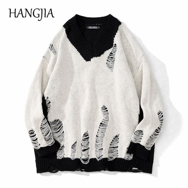 

black white patchwork pullovers sweaters washed destroyed ripped sweater men harajuku hole knit jumpers for women oversized 220819, White;black