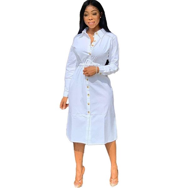 

autumn white shirt dress women button up knee length long sleeve shift office lady loose casual tunic basic es 220819, Black;gray