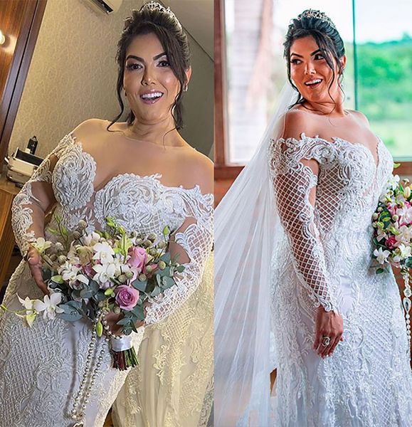 

plus size mermaid wedding dress sheer neck long sleeve custom made see through back bridal robes vestido de novia, White