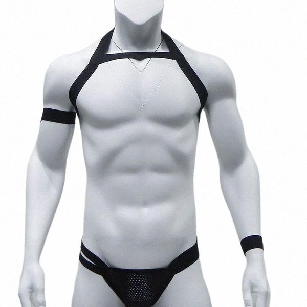 

bras sets body chest mens harness belt lingerie thongs set elastic shoulder bondage strap g-string performance costume with arm band m1o4#, Red;black