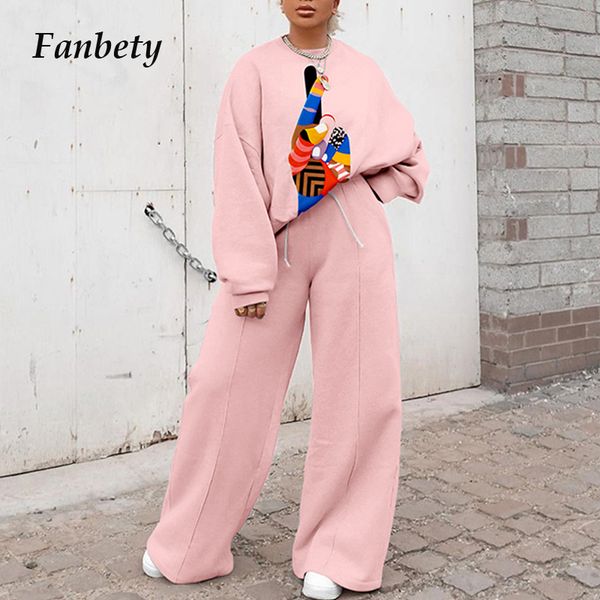 

women autumn winter elegant print twopiece sets fashion casual sweatshirt and wide leg pants suit streetwear tracksuit 220819, White