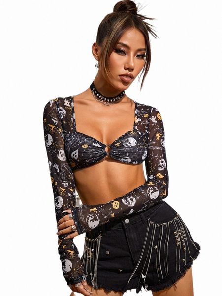 

halloween print mesh crop d1um#, White