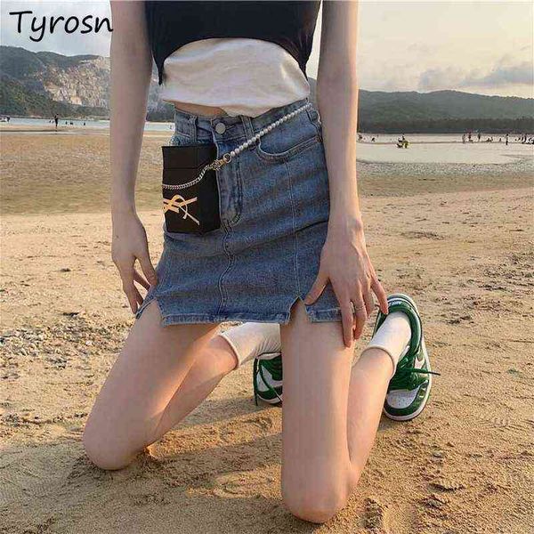 

summer high street denim skirts women empire slim split fashion a-line mini-skirt dents washed retro korean harajuku new t220819, Black