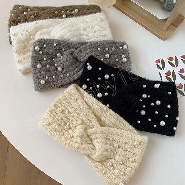 

autumn winter pearl headbands for women spiral double knitted wide hairband white black solid warm headbands hair accessories, Slivery;white