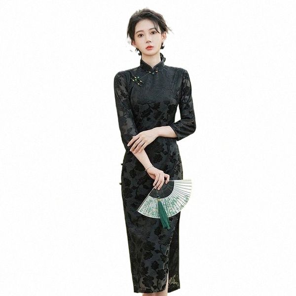

ethnic clothing velour flower qipao women sheath chinese traditional dress gown mandarin collar large size 3xl cheongsam high split vestidos, Red