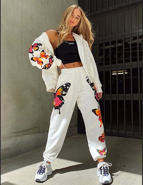 

2 pieces set sport suit for women printed zipper up hoodies coats pants autumn winter streetwear female clothes 220819, White