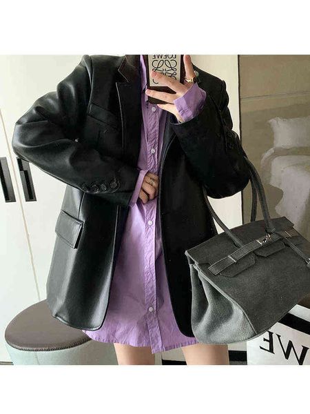 

nerazzurri spring autumn black oversized pu leather blazer jacket women long sleeve single breasted casual loose korean fashion t220810