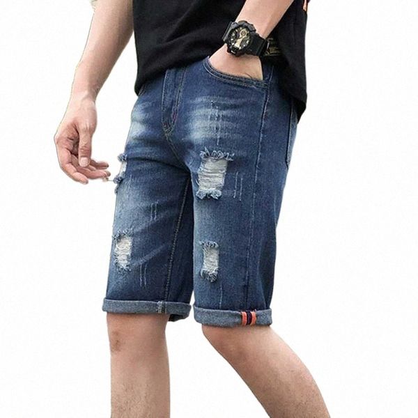 

men's jeans five-point broken loose tide brand ins trend 7 points seven-point breeches shorts summer thin section wear1 84mw#, Blue
