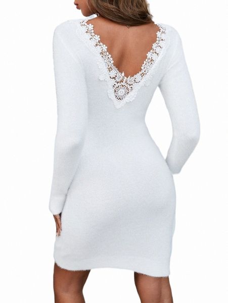 

guipure lace panel sweater dress without belt g35y#, White;black