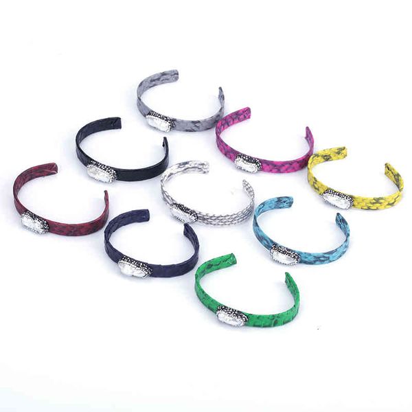 

designer natural freshwater pearl beads pave rhinestone charm jewelry multi color real snake leather wrap open bracelet cuff bangle women, Black