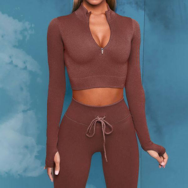 

women's tracksuits streamline seamless yoga sets threaded long sleeve chest zipper running sports fitness drawstring pant set, Gray