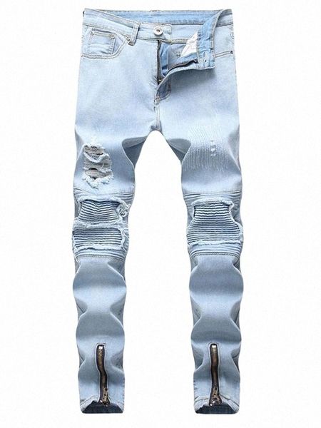 

men's jeans jean long trousers men pencil pant youth street dress elastic hole washed fashion casual hip hop moownuc mwc1 u5th#, Blue