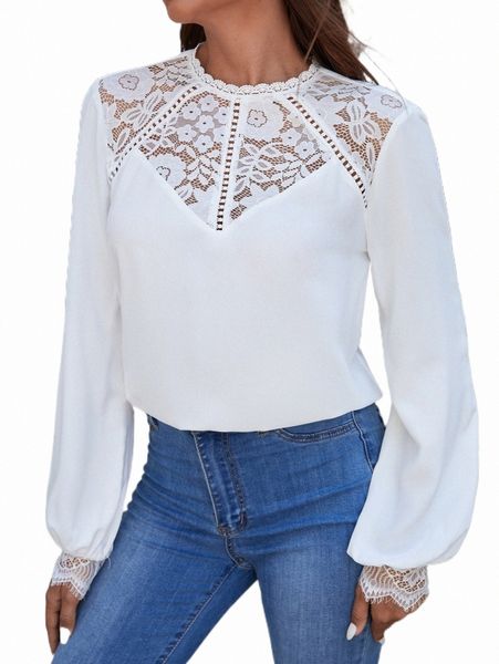 

women's blouses & shirts contrast lace keyhole back blouse g2wl#, White