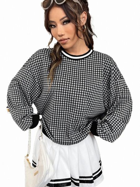 

houndstooth print drop shoulder sweatshirt 728k#, Black