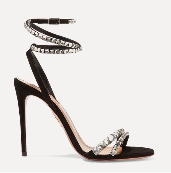 

brands aquazzuras luxury ss21 sandals women high heels so vera crystal embellished slingback sandal black suede heels 35-43 with box