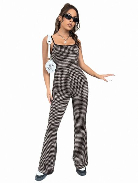 

houndstooth print flare leg jumpsuit j9ou#, Black;white