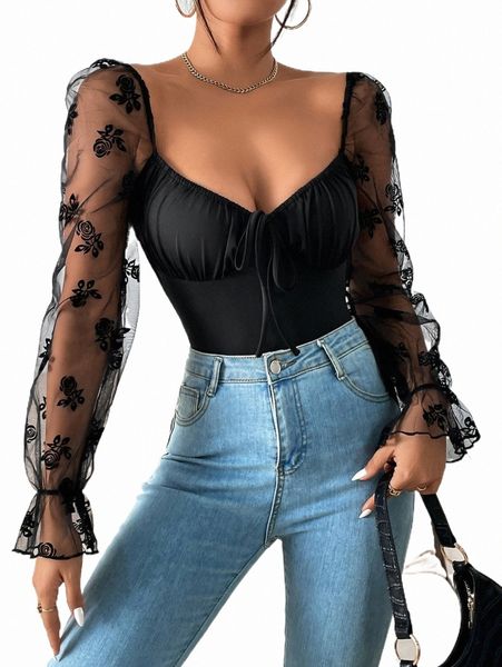 

contrast floral print mesh flounce sleeve ruched bust tie backless bodysuit e7wv#, White