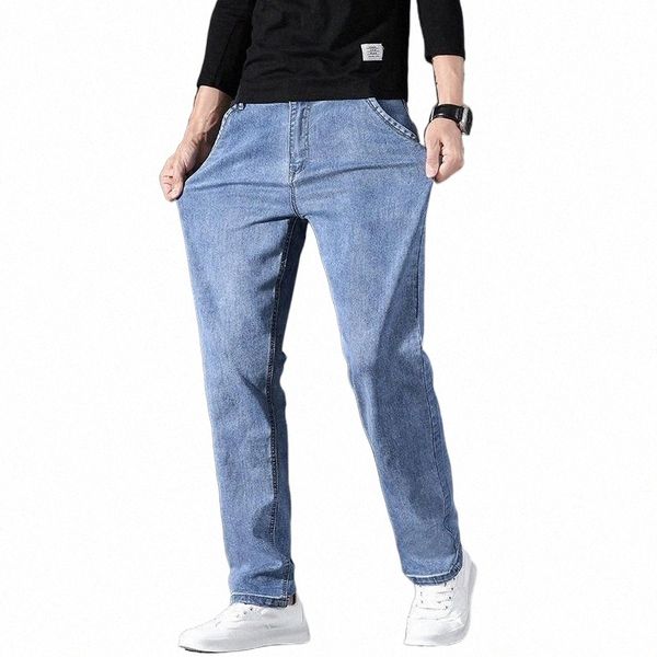 

men's jeans 2022 lente en zomer lichtgewicht ingericht rechte klassieke merk lederen business casual mannen katoenen stretch denim jea, Blue