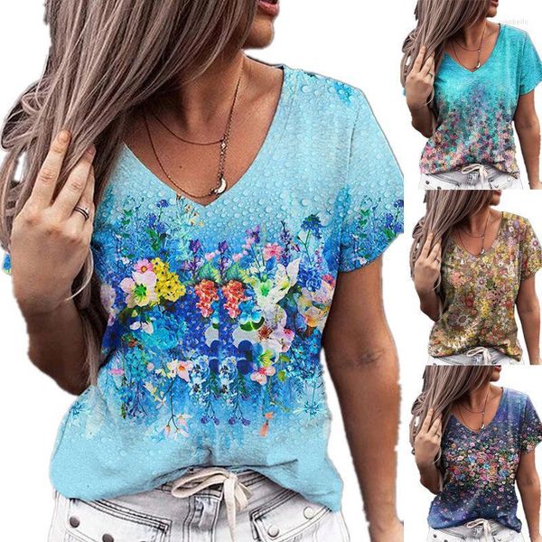 

women's t-shirt summer t-shirts 2022 women fashion v-neck short sleeve ladies casual floral print t shirts tees plus size s-5xl, White