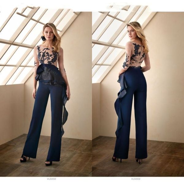 

navy blue 2022 mother of the bride dresses pant suits wedding guest jumpsuit gowns long sleeve lace appliqued mothers groom, Black;red