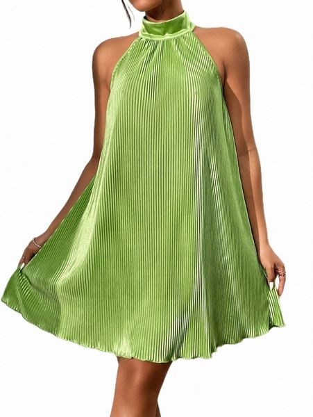 

halter neck pleated swing dress j7ee#, Black;gray