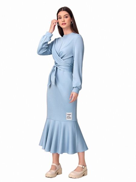 

solid belted mermaid hem dress l0pj#, Black;gray
