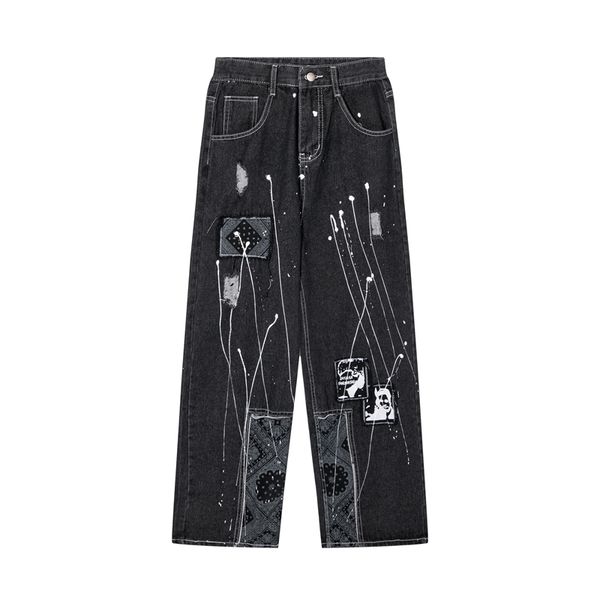 

high street letter embroidery men's plus size pants jeans black, Black;brown