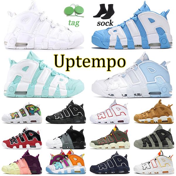 

more uptempos designer basketball shoes mens peace love scottie pippen varsity black white multi-color crimson trainers sneakers university