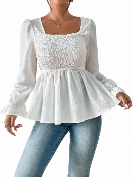 

shirred frill trim flounce sleeve peplum blouse t5kl#, White
