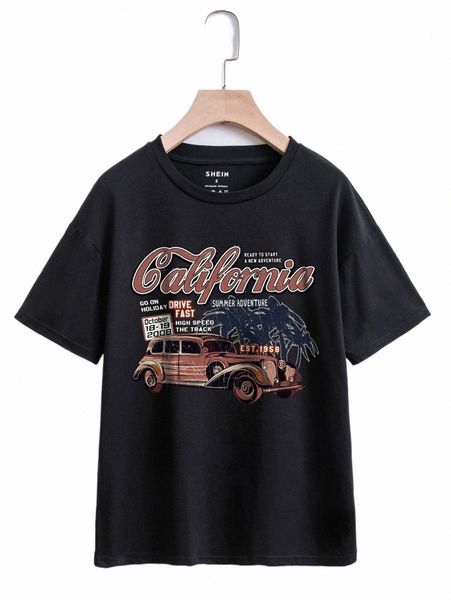 

women's t-shirt car and letter graphic drop shoulder tee g0z6#, White